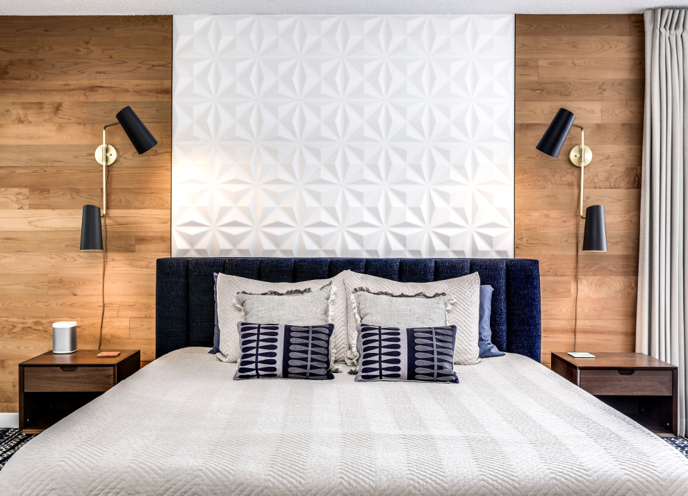Diseño de dormitorio principal vintage de tamaño medio sin chimenea con paredes multicolor, moqueta, suelo azul y madera