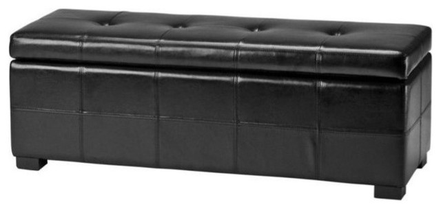 Hawthorne Collection Large Tufted Leather Storage Bench in Black