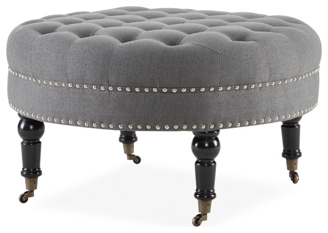Round Tufted Linen Ottoman With Caster, Ottoman Round Tufted