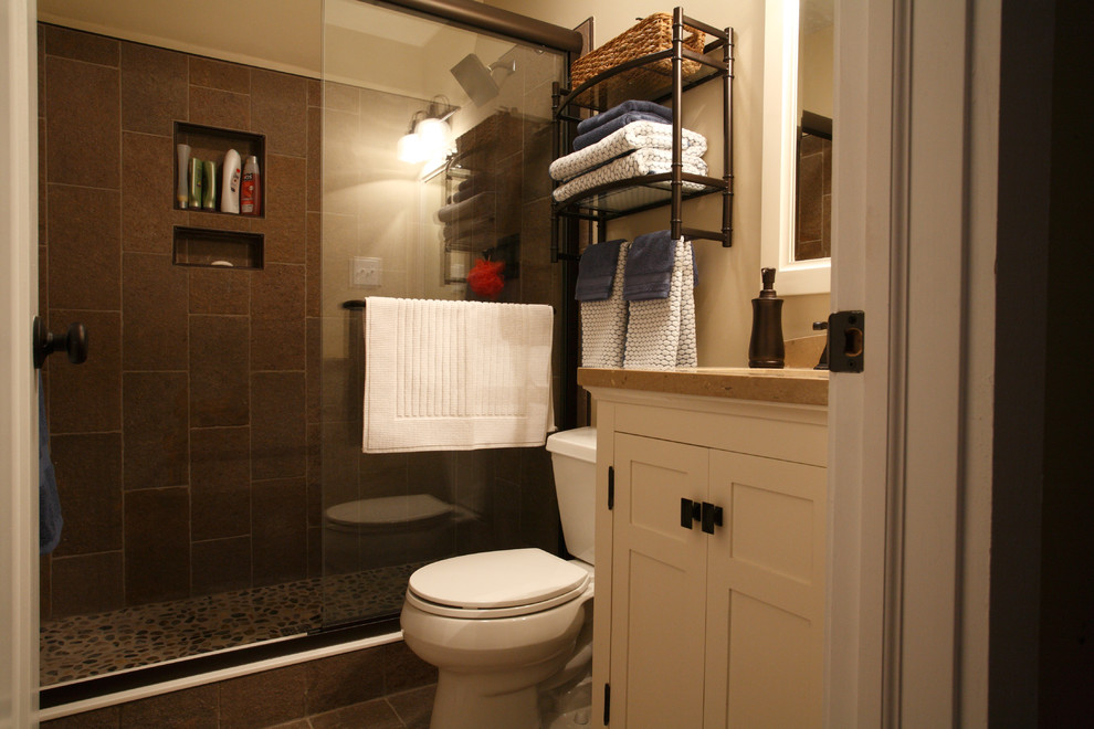 Example of a small 3/4 gray tile and porcelain tile porcelain tile and gray floor alcove shower design in Indianapolis with beaded inset cabinets, white cabinets, a two-piece toilet, beige walls and quartz countertops