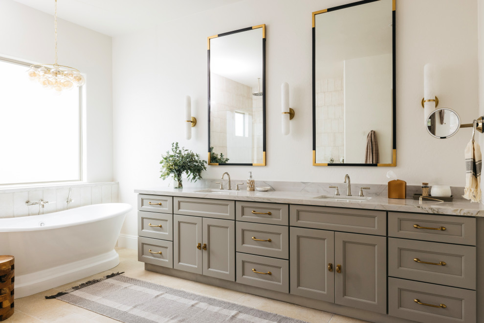 Transitional double-sink bathroom photo in Phoenix with green cabinets