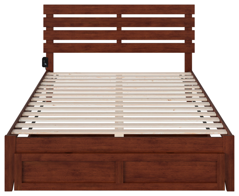 Oxford Queen Bed With Foot Drawer and USB Turbo Charger, Walnut