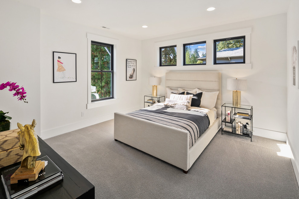 Diseño de habitación de invitados de estilo de casa de campo de tamaño medio con paredes blancas, moqueta y suelo gris