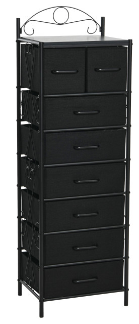 Dresser Tower, 8 Black Drawers Black Metal Frame, Black Oak Top