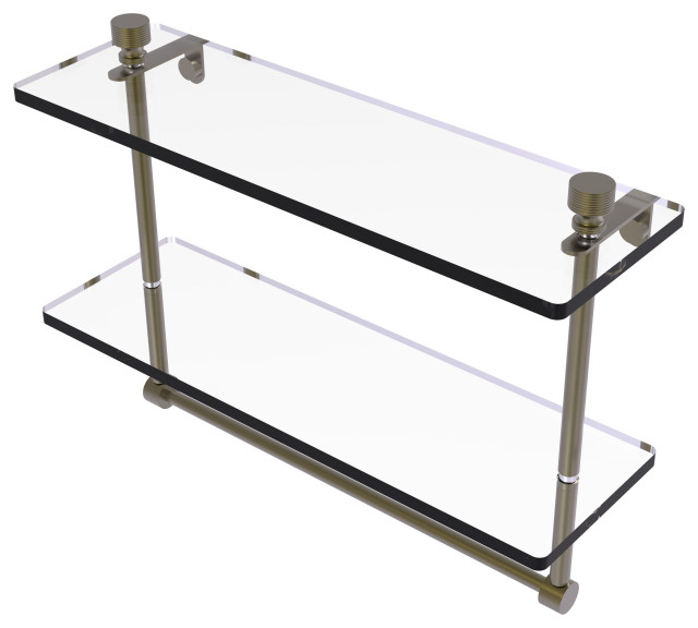 Foxtrot 16" Two Tiered Glass Shelf with Towel Bar, Antique Brass