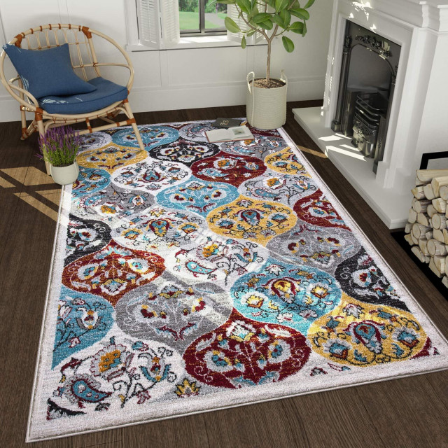 Laluz Fl Violet Yellow Black, Yellow Turquoise And Gray Area Rugs