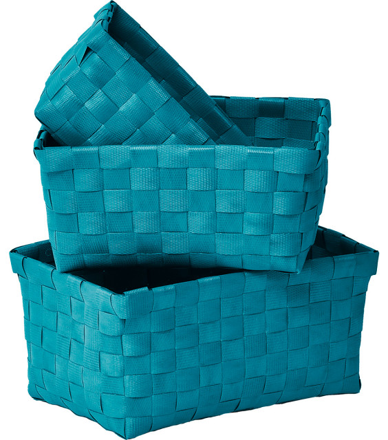 Checkered Woven Strap Storage Baskets Totes Set of 3, Peacock Blue