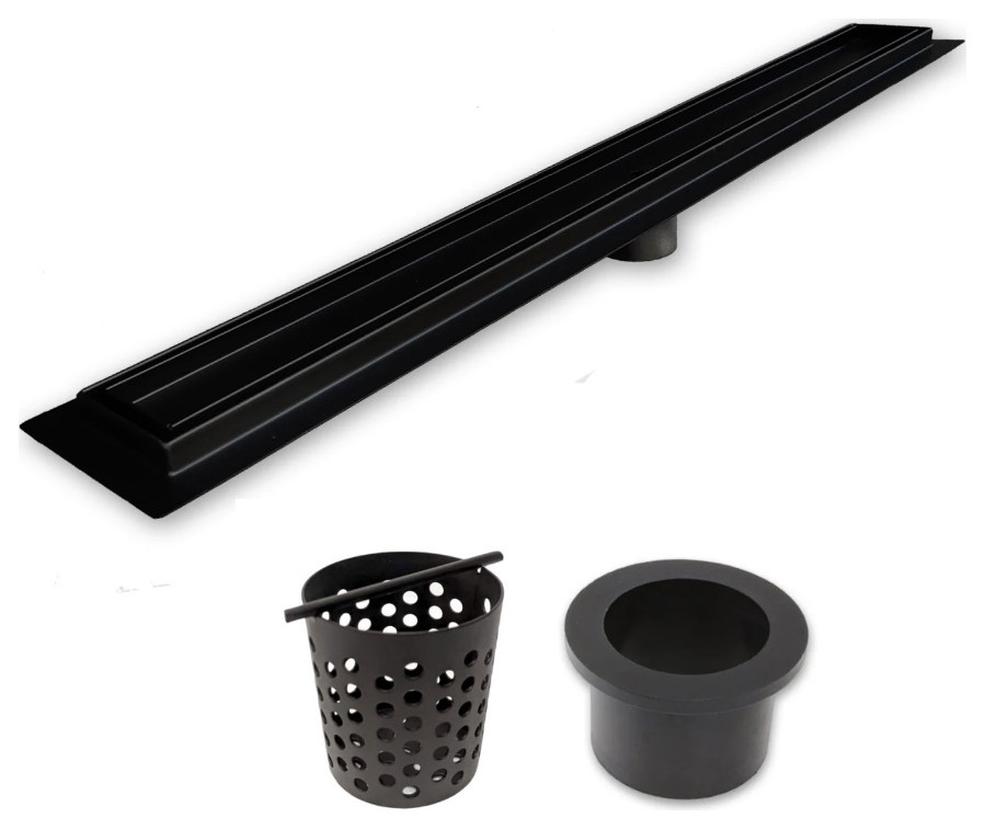Matte Black Tile Insert Linear Drain, Black Hair Trap Set, SereneDrains