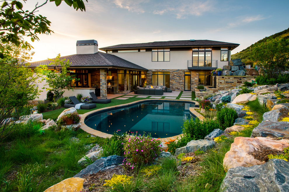 This is an example of a large contemporary backyard kidney-shaped natural pool in Denver with a hot tub and concrete pavers.