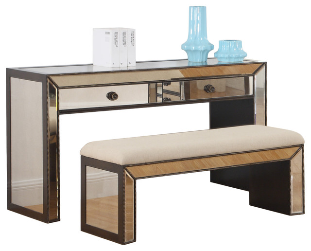Vanity Console Table With Bench, Silver With Hazelnut Trimming, 2Piece Set Transitional