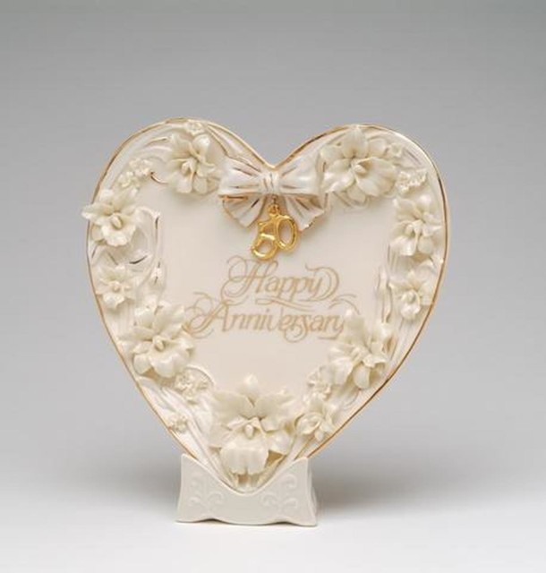 9 Inch 50th "Happy Anniversary" Orchid Themed Plate Heart and Stand