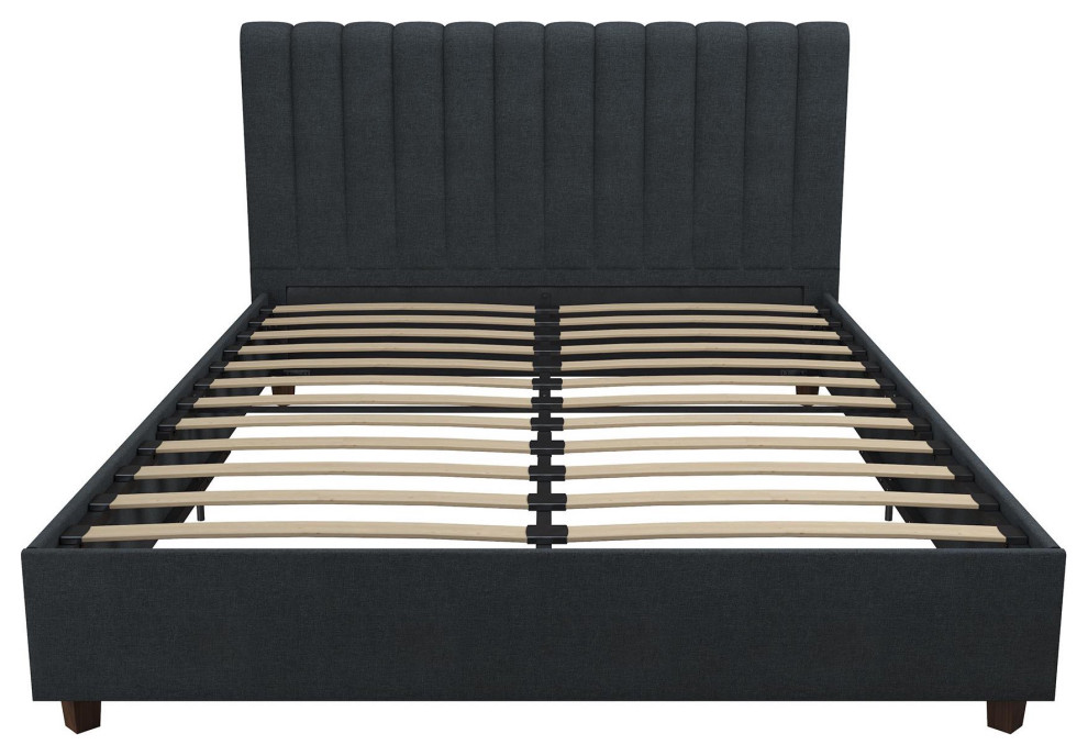 Modern Queen Platform Bed, Oak Finished Legs With Ribbed Linen