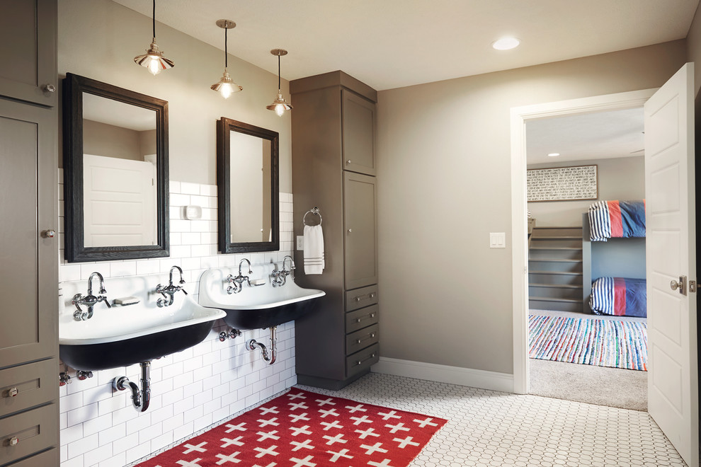Example of a large mountain style kids' white tile and subway tile mosaic tile floor and white floor bathroom design with shaker cabinets, gray cabinets, gray walls and a wall-mount sink