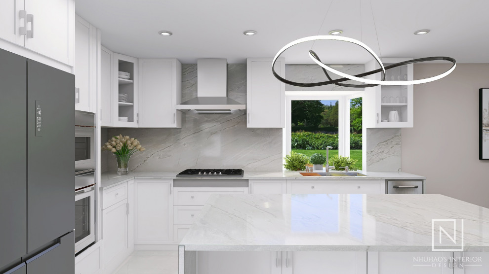 Bild på ett mellanstort funkis grå grått kök, med en undermonterad diskho, skåp i shakerstil, vita skåp, bänkskiva i kvartsit, grått stänkskydd, stänkskydd i sten, rostfria vitvaror, klinkergolv i porslin, en köksö och grått golv