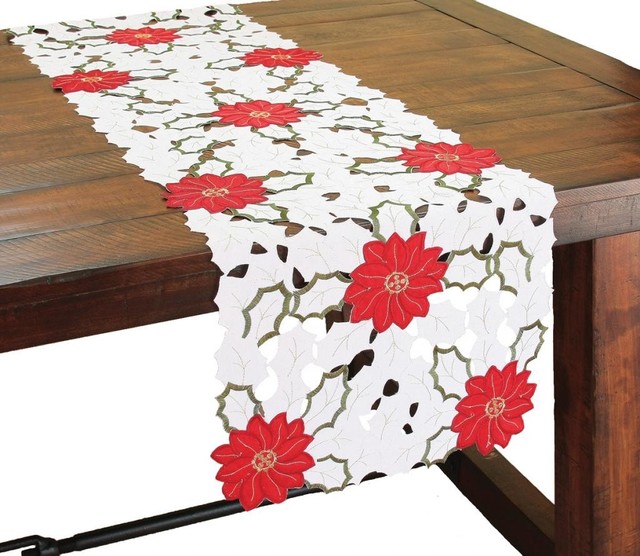 Holiday Poinsettia Embroidered Cutwork Table Runner, 15x54