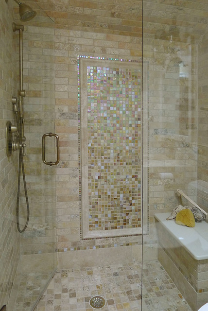 Limestone and Glass tile  bathroom  Traditional Bathroom  