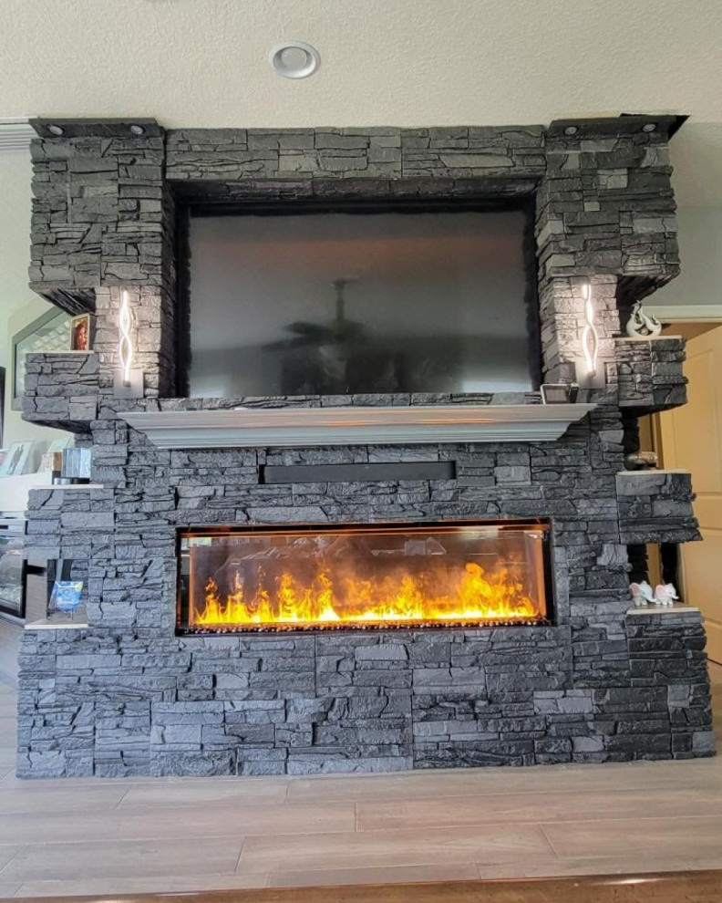 Iron Ore Stacked Stone Electric Fireplace Surround and TV Wall Living