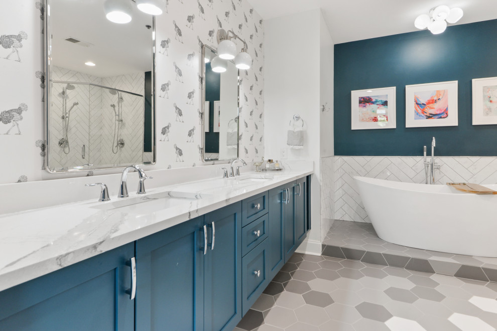 Design ideas for a large transitional master bathroom in Atlanta with shaker cabinets, turquoise cabinets, a freestanding tub, white tile, porcelain tile, porcelain floors, engineered quartz benchtops, multi-coloured floor, white benchtops, a double vanity, a built-in vanity and wallpaper.