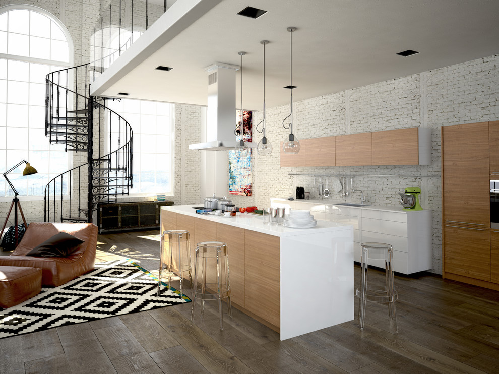 Inspiration for a mid-sized contemporary u-shaped open plan kitchen in Other with a drop-in sink, flat-panel cabinets, medium wood cabinets, solid surface benchtops, white splashback, brick splashback, stainless steel appliances, medium hardwood floors, with island and brown floor.