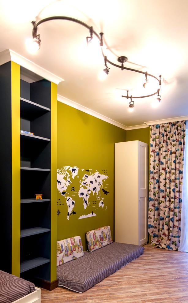Mid-sized contemporary nursery in Moscow with green walls, cork floors and brown floor for boys.
