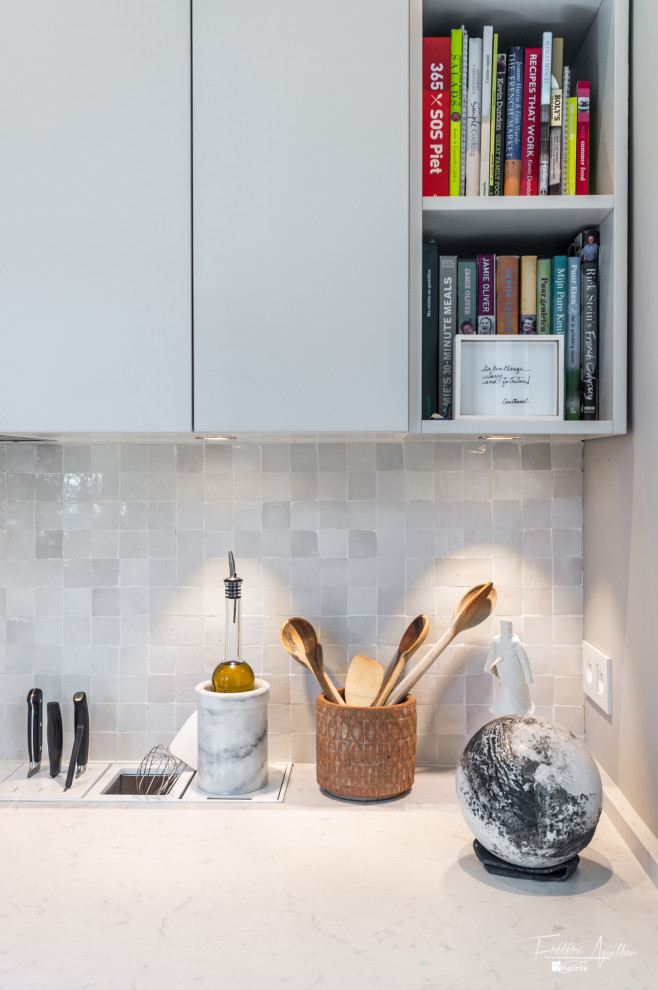 Inspiration for a small contemporary galley separate kitchen in Nice with an integrated sink, beaded inset cabinets, grey cabinets, quartzite benchtops, grey splashback, mosaic tile splashback, white appliances, ceramic floors, no island, grey floor and grey benchtop.