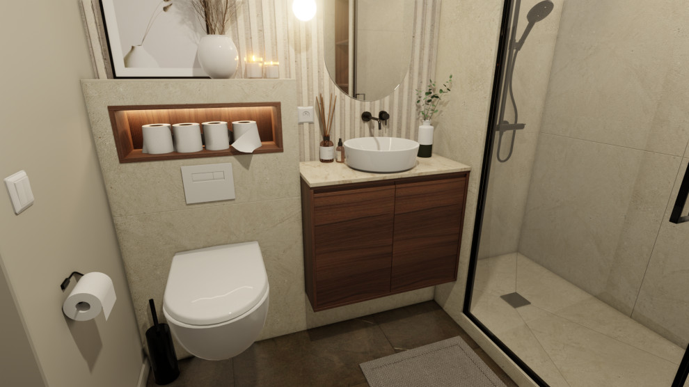 Large master bathroom in Nice with beaded inset cabinets, dark wood cabinets, a curbless shower, a wall-mount toilet, white walls, ceramic floors, a drop-in sink, solid surface benchtops, brown floor, a hinged shower door, a single vanity, a built-in vanity, beige tile, stone tile and recessed.