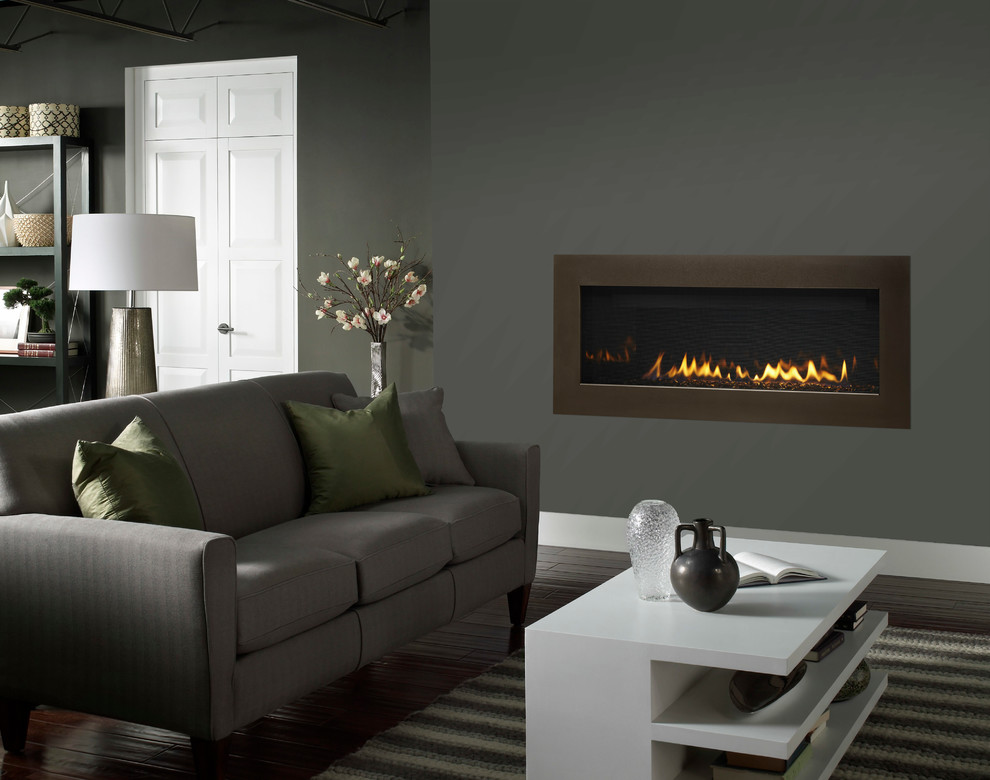 This is an example of a small contemporary enclosed living room in Minneapolis with grey walls, a ribbon fireplace, a metal fireplace surround and no tv.