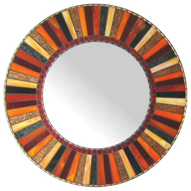 Round Mosaic Mirror - Red, Orange, Black (Handmade) - Contemporary ...