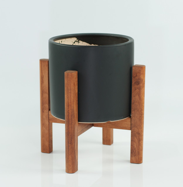 Large Ceramic Planter Cylinder Pot 10'' Black With Plant Stand Walnut