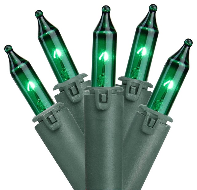 Set of 100 Green Commercial Grade Mini Christmas Lights, Green Wire Traditional Holiday