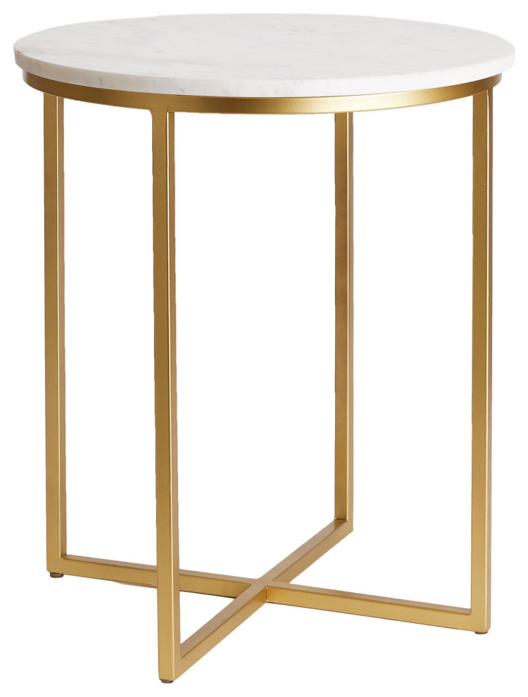 Contemporary Classic White Marble Gold Metal Accent table 17.5 in Round