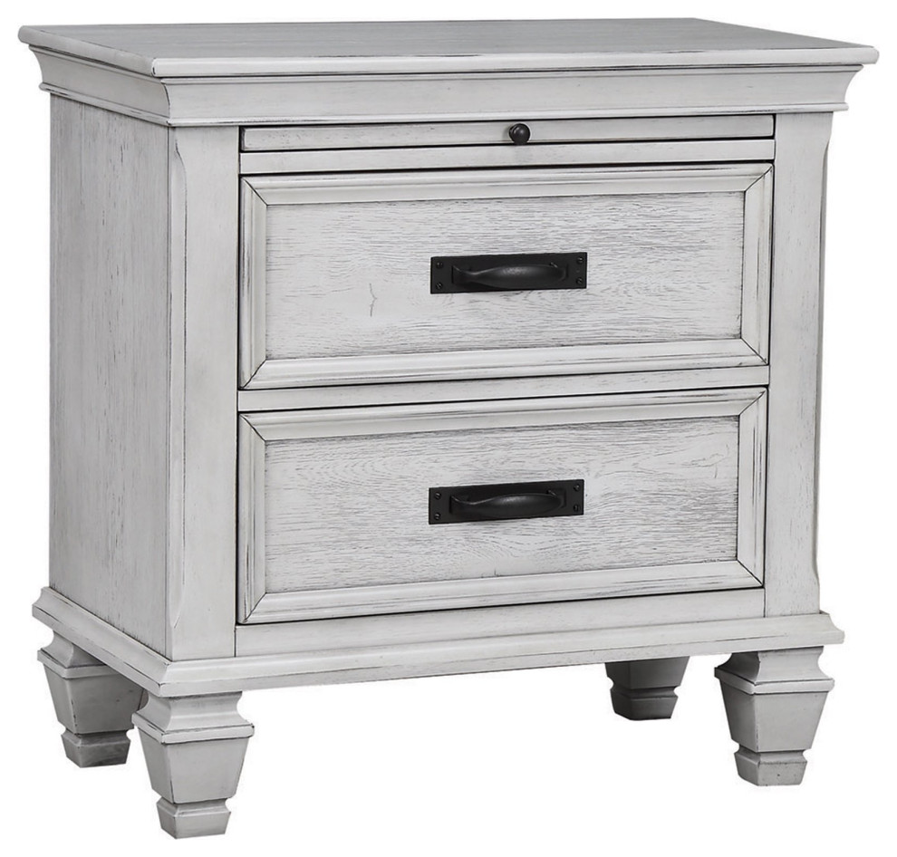 Coastal Nightstand, 2 Drawers & Pull Out Tray With Black Pulls, Antique