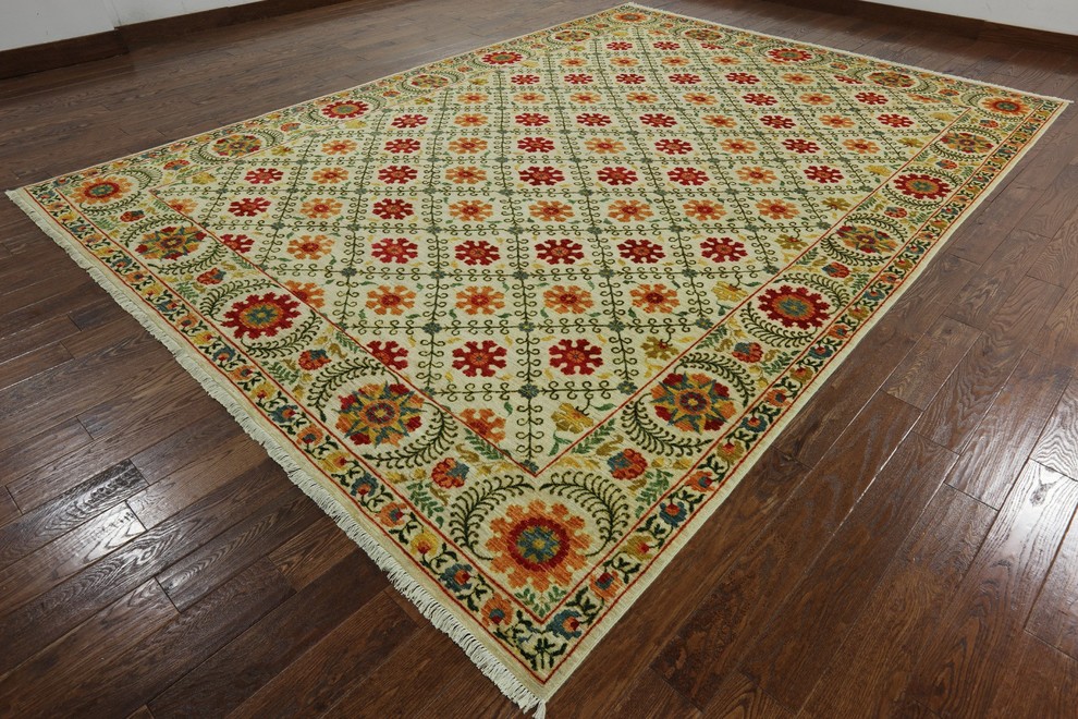 10x14 Persian Suzani Hand Knotted Rug, P4899, 9'10"x13'9" Contemporary Area Rugs by
