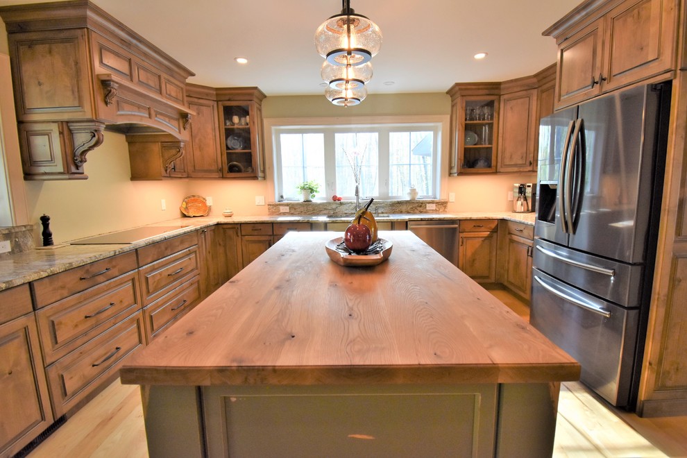 Kitchen - huge rustic kitchen idea with distressed cabinets