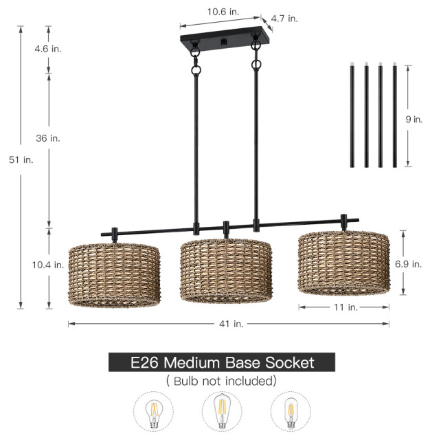 41"W 3-Light Black Farmhouse Rattan Island Light Linear Chandelier ...