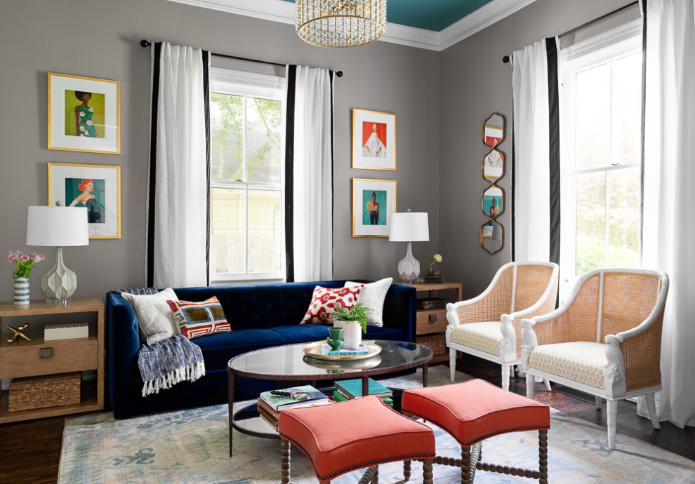Design ideas for a transitional living room in Atlanta with grey walls, dark hardwood floors and brown floor.