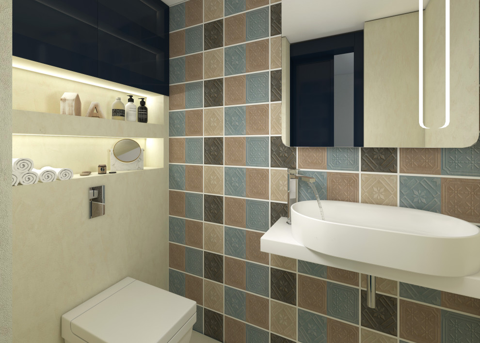 Design ideas for a small modern kids wet room bathroom in Dorset with open cabinets, white cabinets, a bidet, multi-coloured tile, ceramic tile, yellow walls, cement tiles, a console sink, marble benchtops, grey floor, white benchtops, a single vanity, a freestanding vanity and recessed.