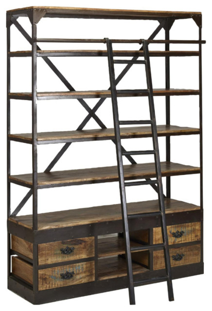 80x63" Wide Rustic Wood Industrial Large Library Bookcase With Ladder