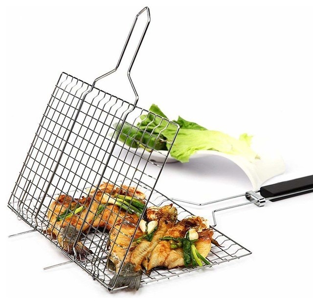 Download Portable Stainless Steel Barbecue Grill Basket With Wooden Handle - Contemporary - Grill Tools ...