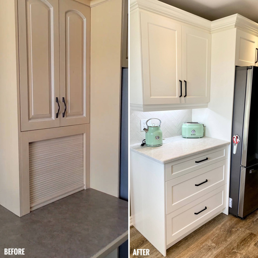 Inspiration for a mid-sized transitional l-shaped enclosed kitchen remodel with a double-bowl sink, recessed-panel cabinets, white cabinets, gray backsplash, glass tile backsplash and no island