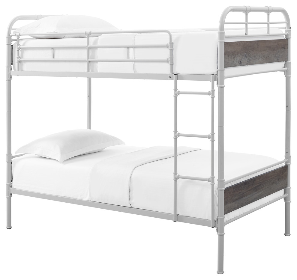 Urban Industrial TwinOverTwin Metal Wood Bunk Bed, White and Gray