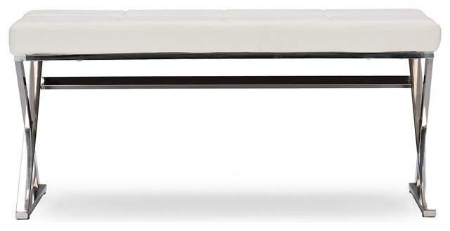 Herald Stainless Steel Fabric Upholstered Rectangle Bench, White, Faux Leather