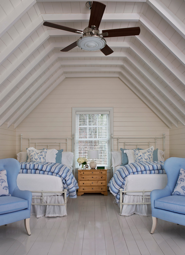 Inspiration for a large beach style guest bedroom in Other with beige walls and light hardwood floors.