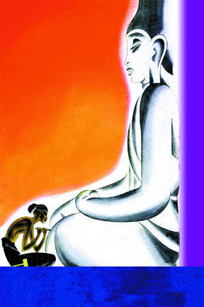 Burmese Sculptor at the knees of Buddha 12x18 Giclee on canvas