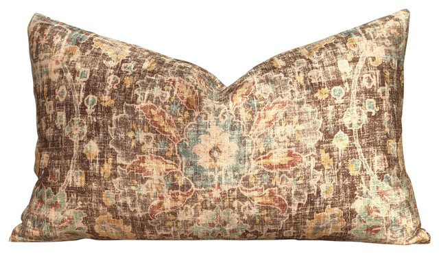 Persian Rug Velvet Pillow In Saddle, Extra Long Lumbar , 12"x20", With Insert