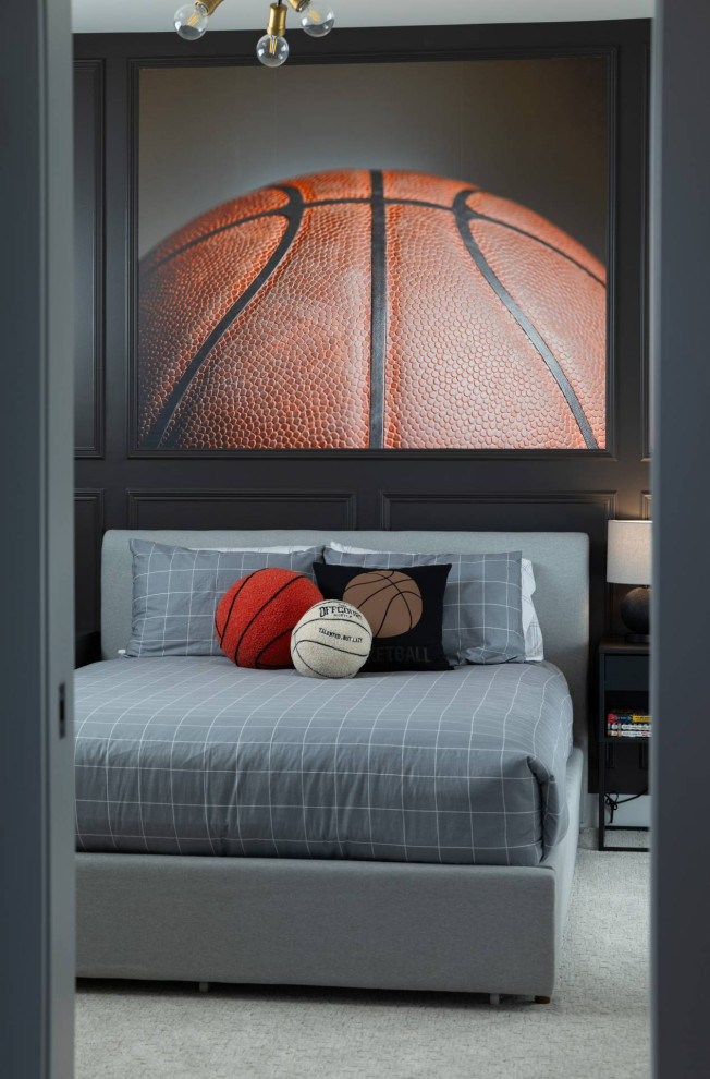 Bedroom and large trendy boy carpeted, gray floor and wall paneling kids' bedroom photo in Calgary with black walls