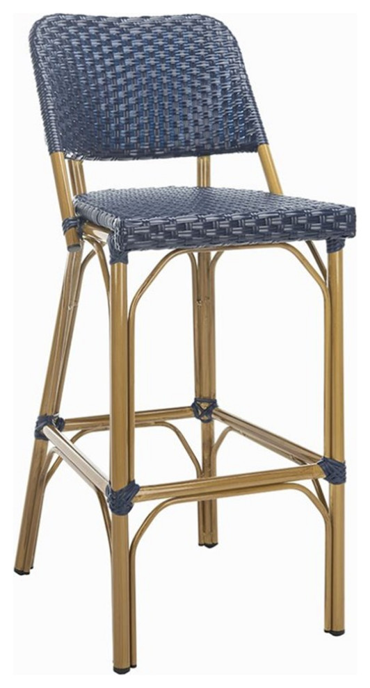 Safavieh Deltana 30" Wicker Bar Stool in Navy and Gold Tropical
