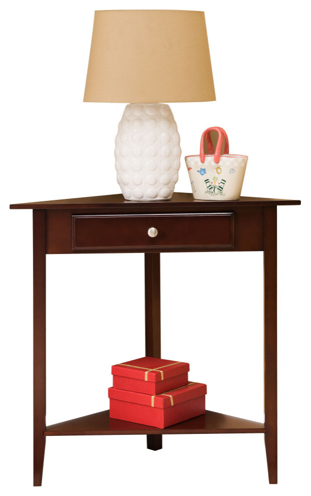 Wood Corner Sofa Accent Table, Plant Stand With Drawer, Walnut Finish