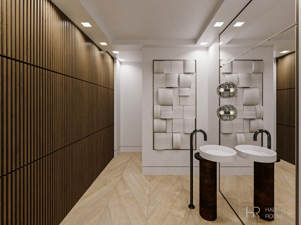 Design ideas for a small contemporary cloakroom in Houston with dark wood cabinets, a two-piece toilet, white tiles, stone tiles, white walls, medium hardwood flooring, a pedestal sink, a freestanding vanity unit and a drop ceiling.