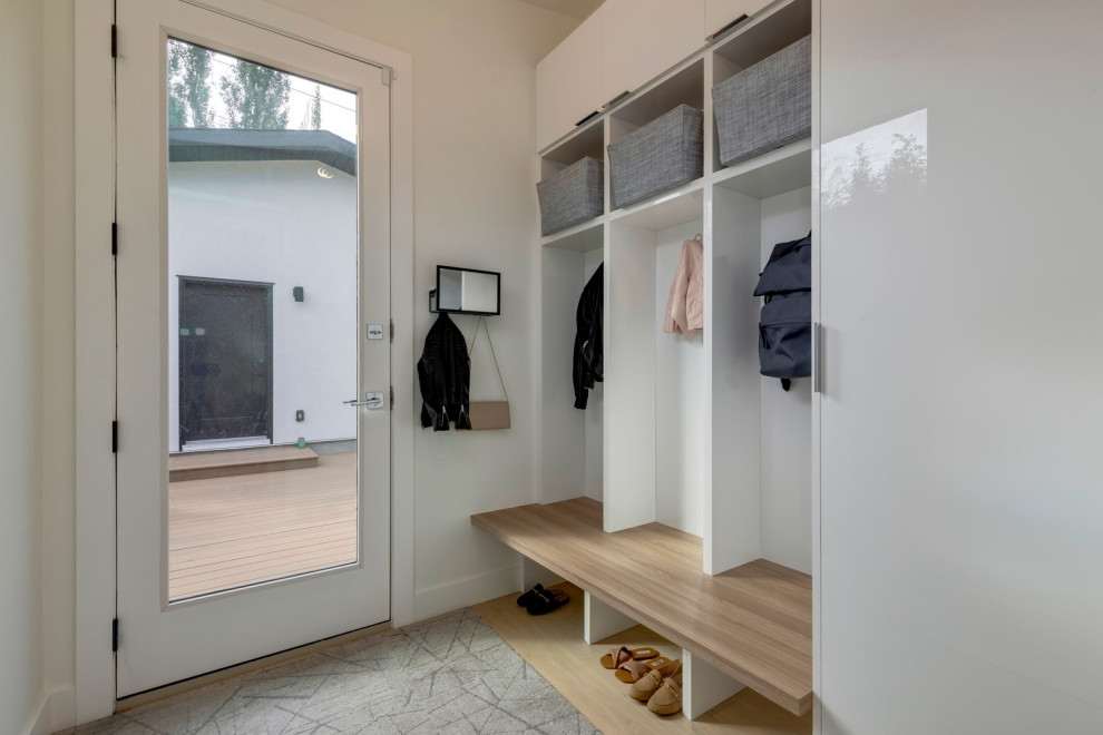 Photo of a modern mudroom with white walls, travertine floors, a single front door, a white front door, brown floor and vaulted.